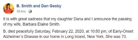 Barbara B Smith's husband, Dan Gasby, announced her passing through Facebook.